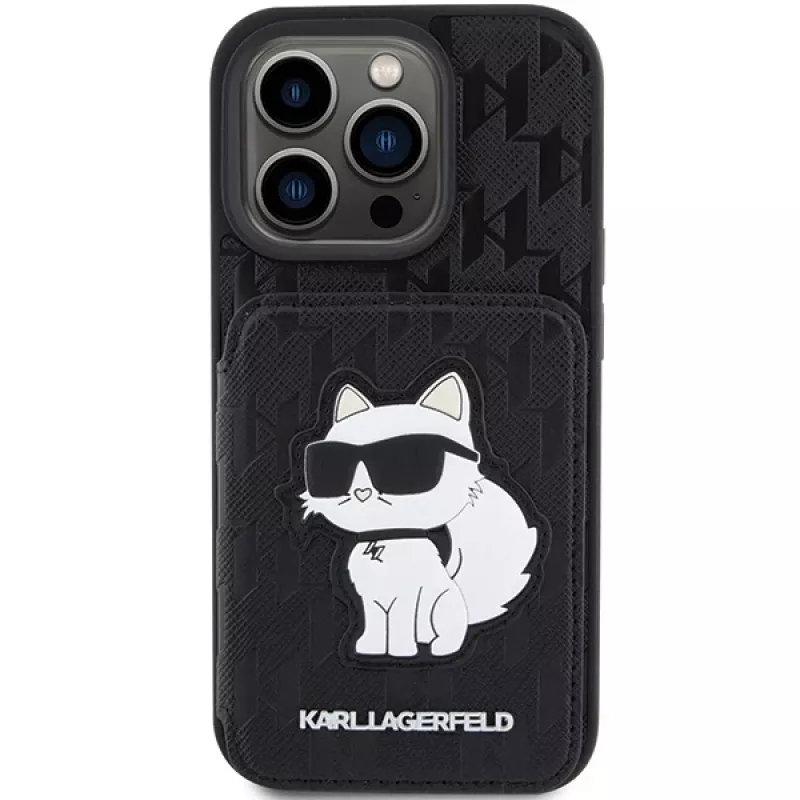 Karl Lagerfeld KLHCP15LSAKCNSCK Capa rígida preta Saffiano com compartimentos para cartões e suporte Monogram Choupette para iPhone 15 Pro 6,1