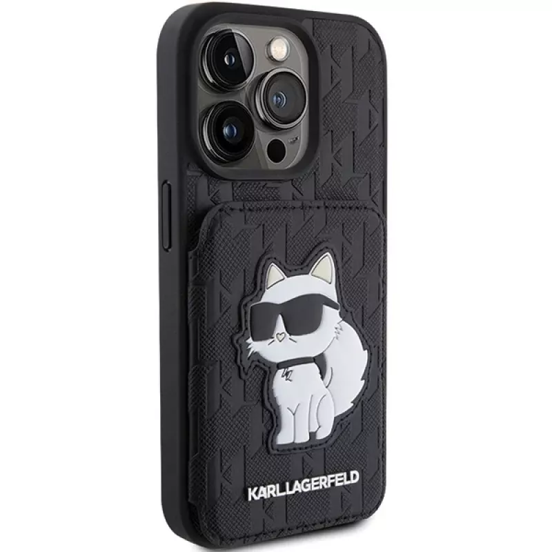 Karl Lagerfeld KLHCP15LSAKCNSCK Capa rígida preta Saffiano com compartimentos para cartões e suporte Monogram Choupette para iPhone 15 Pro 6,1