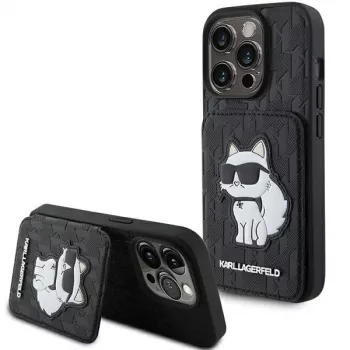 Karl Lagerfeld KLHCP15XSAKCNSCK Capa rígida preta Saffiano com compartimentos para cartões e suporte Monogram Choupette para iPhone 15 Pro Max 6,7