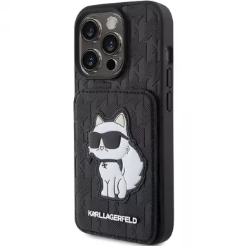 Karl Lagerfeld KLHCP15XSAKCNSCK Capa rígida preta Saffiano com compartimentos para cartões e suporte Monogram Choupette para iPhone 15 Pro Max 6,7