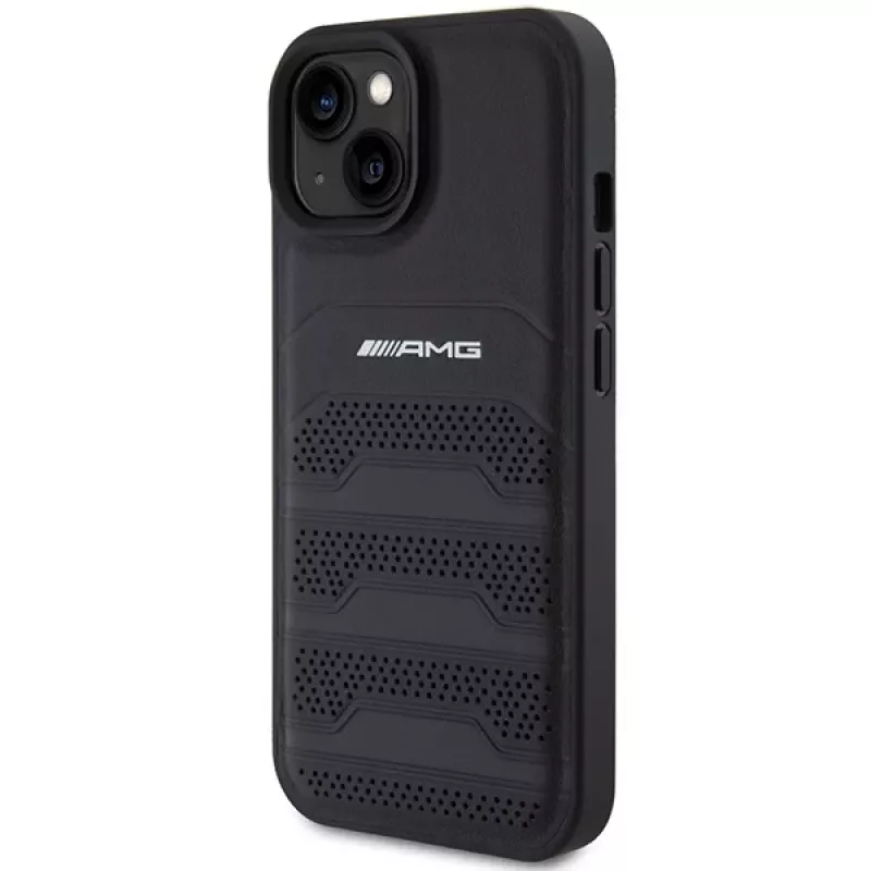 AMG AMHCP15MGSEBK Capa rígida em pele com linhas gravadas para iPhone 15 Plus / 14 Plus 6,7