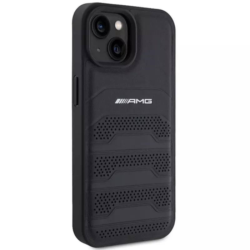 AMG AMHCP15MGSEBK Capa rígida em pele com linhas gravadas para iPhone 15 Plus / 14 Plus 6,7