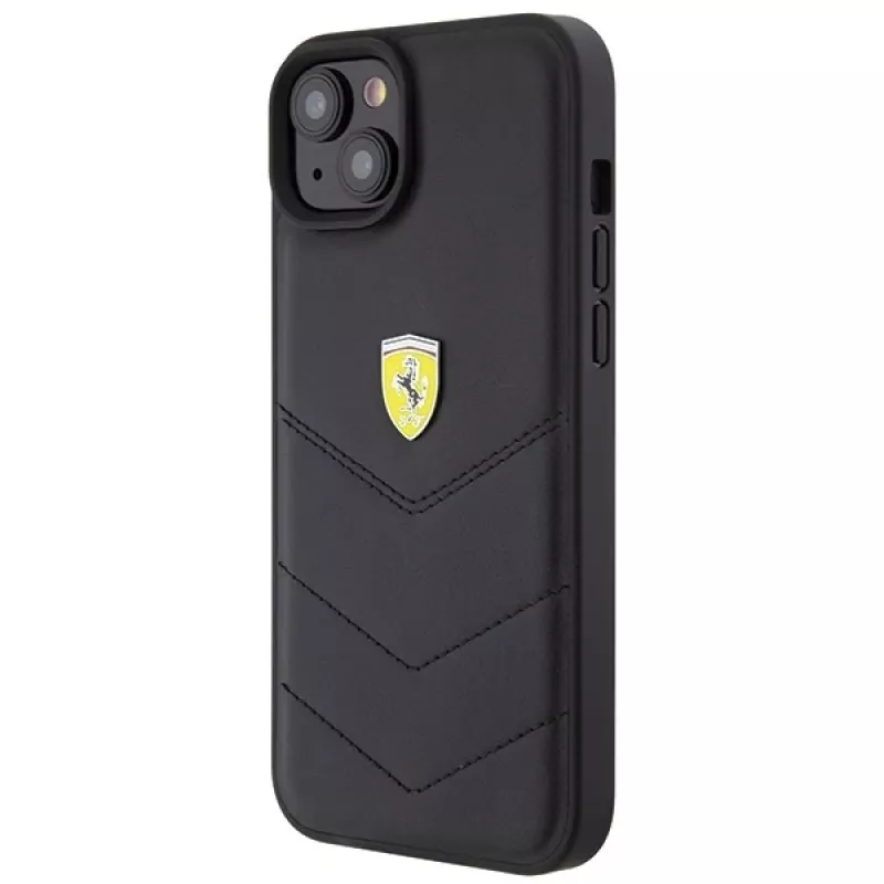 Ferrari FEHCP15MRDUK Capa rígida preta acolchoada com logótipo metálico para iPhone 15 Plus / 14 Plus 6,7