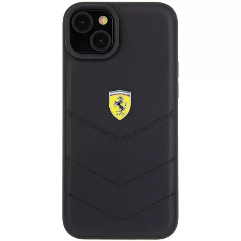 Ferrari FEHCP15MRDUK Capa rígida preta acolchoada com logótipo metálico para iPhone 15 Plus / 14 Plus 6,7