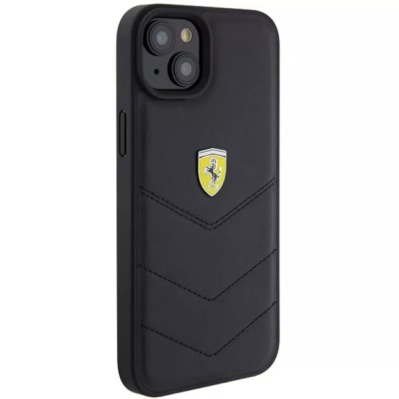 Ferrari FEHCP15MRDUK Capa rígida preta acolchoada com logótipo metálico para iPhone 15 Plus / 14 Plus 6,7