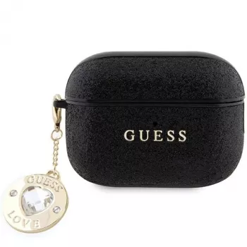 Guess GUAP2PGEHCDK Capa preta com coração de glitter e pingente de diamante para AirPods Pro 2 (2022/2023)