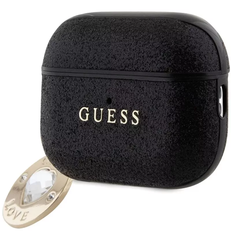 Guess GUAP2PGEHCDK Capa preta com coração de glitter e pingente de diamante para AirPods Pro 2 (2022/2023)