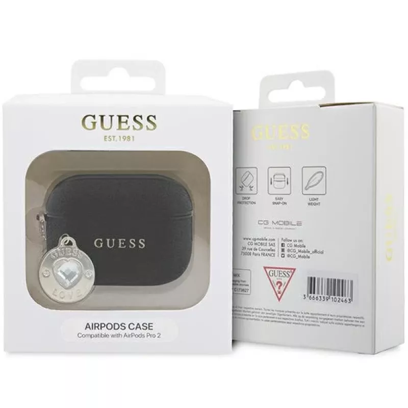 Guess GUAP2PGEHCDK Capa preta com coração de glitter e pingente de diamante para AirPods Pro 2 (2022/2023)