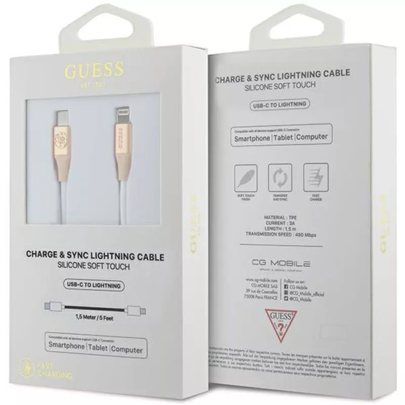 Guess GUCLLALRGDD Cabo USB-C para Lightning 1,5 m carregamento rápido dourado claro com logótipo gravado
