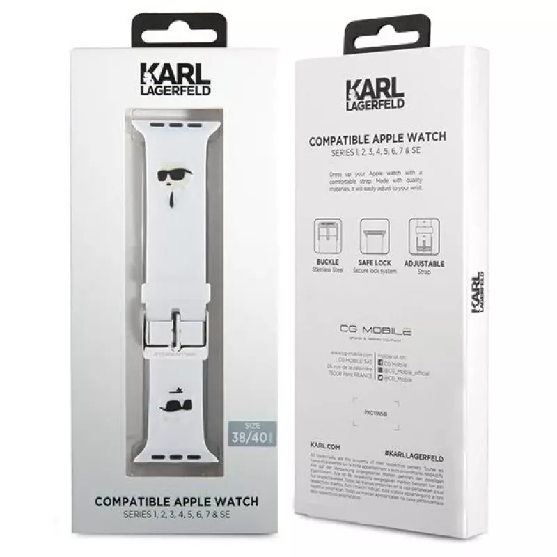 Karl Lagerfeld Bracelete KLAWMSLKCNH branca de silicone 3D com cabeças Karl & Choupette para Apple Watch 38/40/41mm