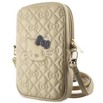 Hello Kitty Bolsa de telemóvel acolchoada com laços e alça para usar a tiracolo dourada