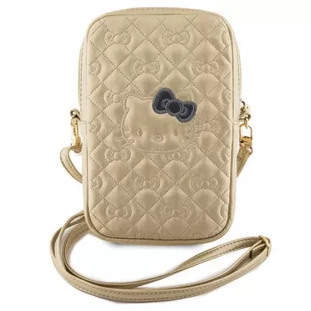 Hello Kitty Bolsa de telemóvel acolchoada com laços e alça para usar a tiracolo dourada