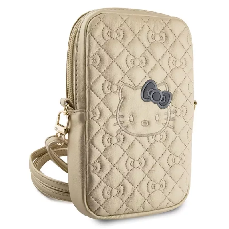 Hello Kitty Bolsa de telemóvel acolchoada com laços e alça para usar a tiracolo dourada