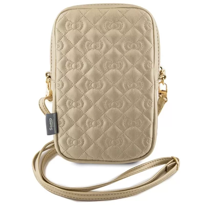 Hello Kitty Bolsa de telemóvel acolchoada com laços e alça para usar a tiracolo dourada