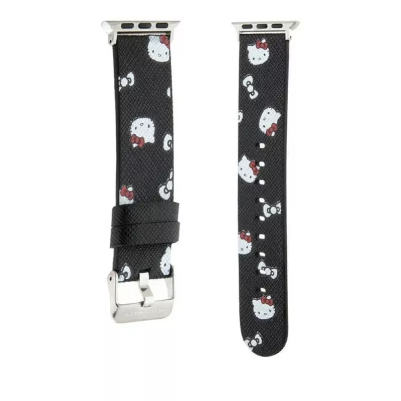 Hello Kitty HKAWMPSAPSK Bracelete para Apple Watch 38/40/41mm preta em silicone com padrão Heads & Bows