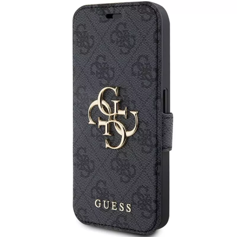Guess GUBKP15L4GMGGR Capa tipo livro para iPhone 15 Pro 6,1 polegadas cinzenta com logótipo metálico 4G