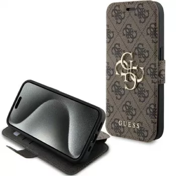 Guess GUBKP15L4GMGBR Capa tipo livro para iPhone 15 Pro 6,1 polegadas castanha com logótipo metálico 4G