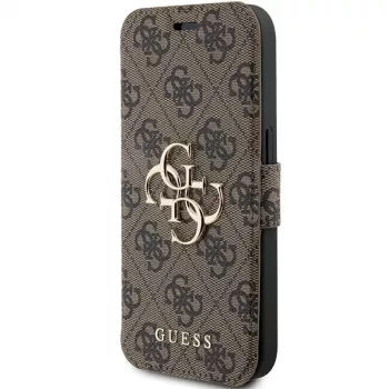 Guess GUBKP15L4GMGBR Capa tipo livro para iPhone 15 Pro 6,1 polegadas castanha com logótipo metálico 4G