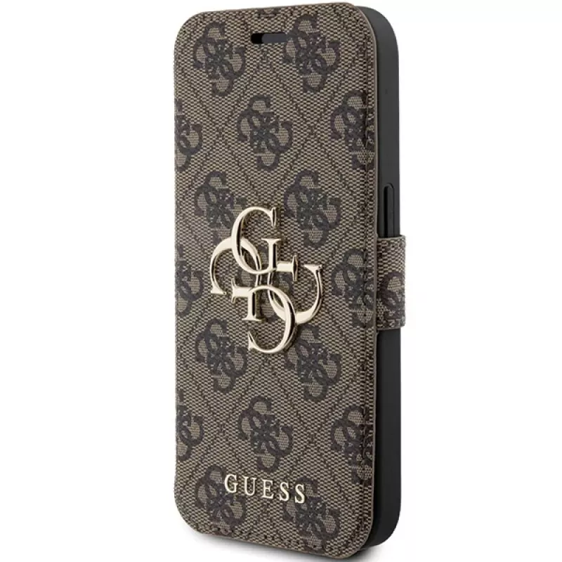 Guess GUBKP15L4GMGBR Capa tipo livro para iPhone 15 Pro 6,1 polegadas castanha com logótipo metálico 4G