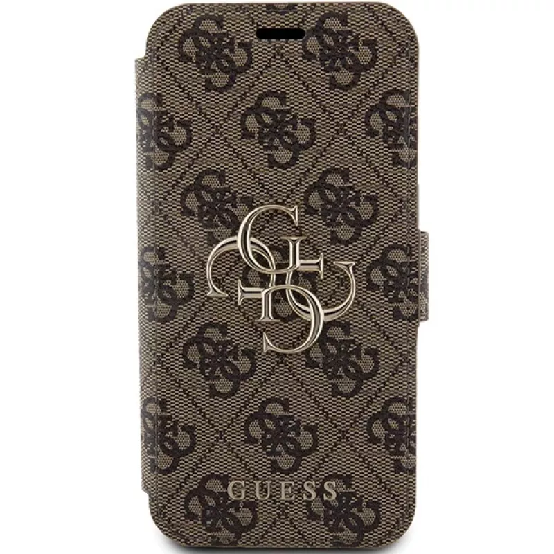 Guess GUBKP15L4GMGBR Capa tipo livro para iPhone 15 Pro 6,1 polegadas castanha com logótipo metálico 4G