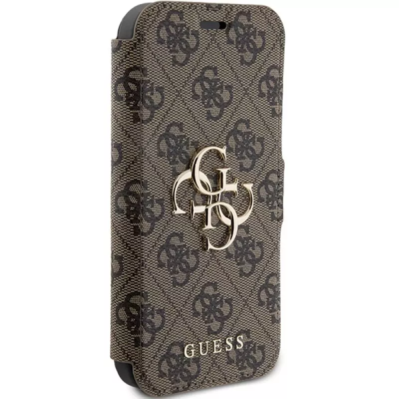 Guess GUBKP15L4GMGBR Capa tipo livro para iPhone 15 Pro 6,1 polegadas castanha com logótipo metálico 4G