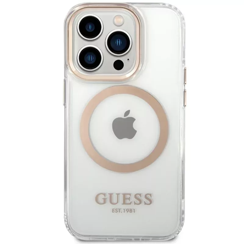 Guess GUHMP15LHTRMD Capa rígida Metal Outline para Apple iPhone 15 Pro 6,1 polegadas dourada MagSafe