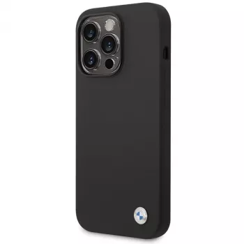 BMW BMHCP15XSILBK Capa em silicone para iPhone 15 Pro Max 6,7 polegadas preta com logótipo metálico