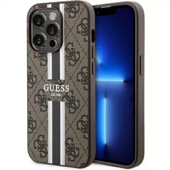 Guess GUHMP15LP4RPSW Capa rígida para iPhone 15 Pro 6,1 polegadas castanha com riscas impressas MagSafe