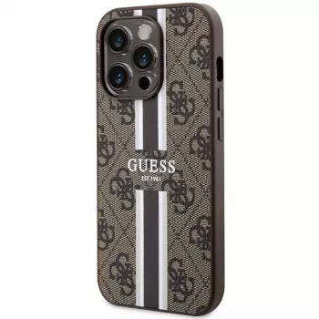 Guess GUHMP15LP4RPSW Capa rígida para iPhone 15 Pro 6,1 polegadas castanha com riscas impressas MagSafe