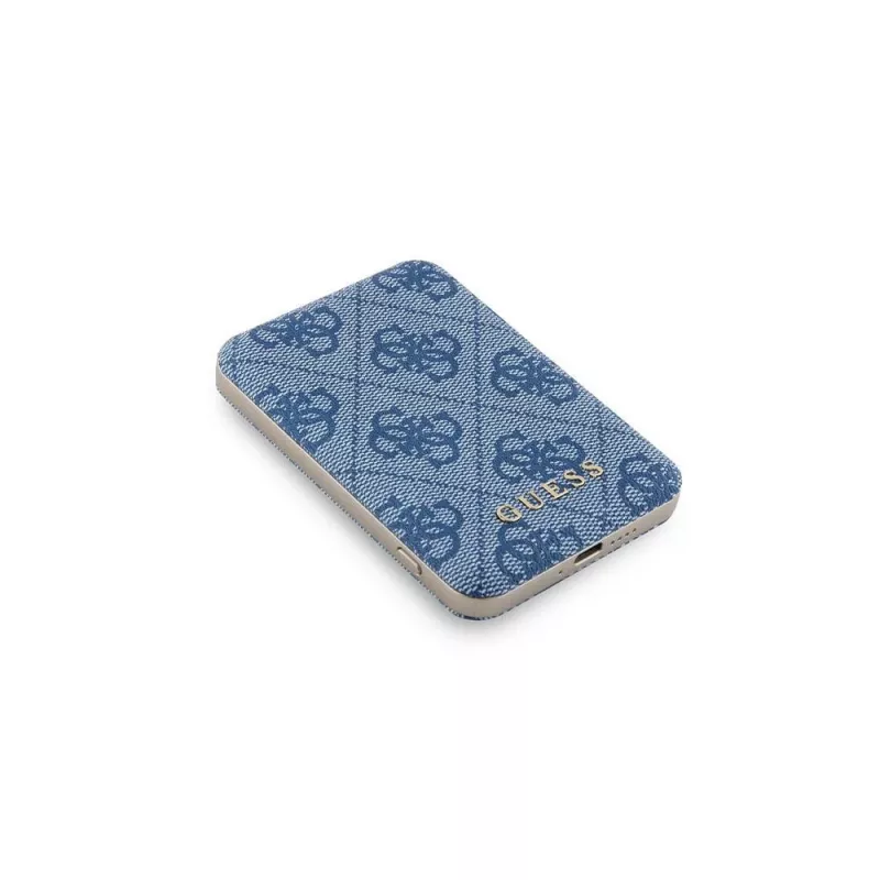 Guess Power bank sem fios 5000mAh azul com logótipo metálico em pele 4G MagSafe 15W