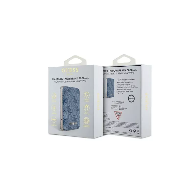 Guess Power bank sem fios 5000mAh azul com logótipo metálico em pele 4G MagSafe 15W