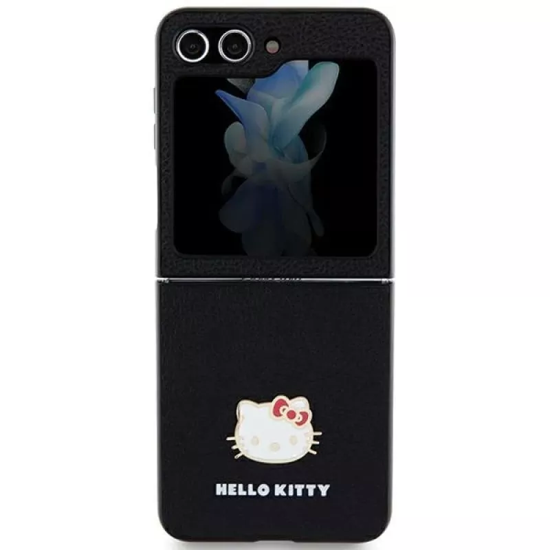Hello Kitty HKHCZF5PGHDLMK Capa rígida preta para Z Flip5 F731 com logótipo metálico Kitty Head
