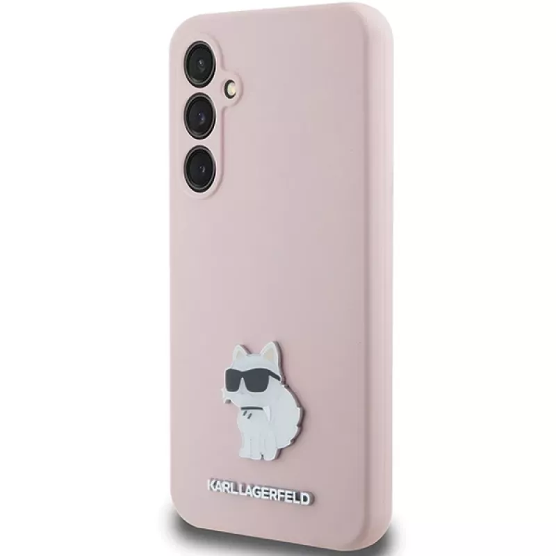 Karl Lagerfeld KLHCS23FESMHCNPP Capa rosa em silicone Choupette Metal Pin para Samsung Galaxy S23 FE S711