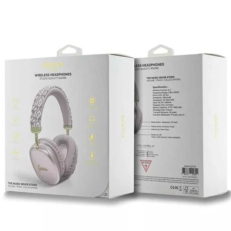 Auscultadores Bluetooth on-ear Guess Gcube Metallic Script Logo rosa