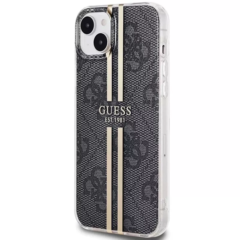 Guess GUHCP15MH4PSEGK Capa rígida para Apple iPhone 15 Plus / 14 Plus 6,7 inch preta 4G faixas douradas