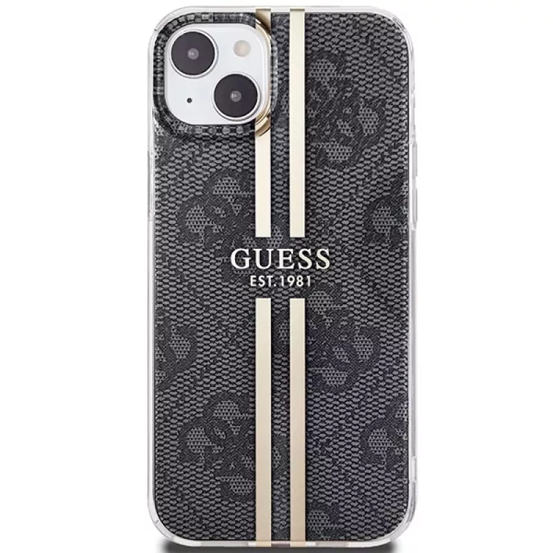 Guess GUHCP15MH4PSEGK Capa rígida para Apple iPhone 15 Plus / 14 Plus 6,7 inch preta 4G faixas douradas