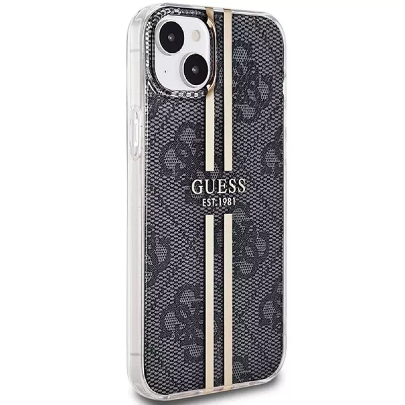 Guess GUHCP15MH4PSEGK Capa rígida para Apple iPhone 15 Plus / 14 Plus 6,7 inch preta 4G faixas douradas
