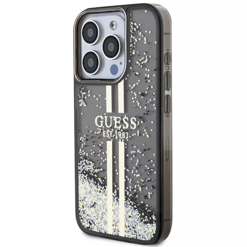 Guess GUHCP15LLFCSEGK Capa rígida Liquid Glitter Gold Stripes para iPhone 15 Pro 6,1
