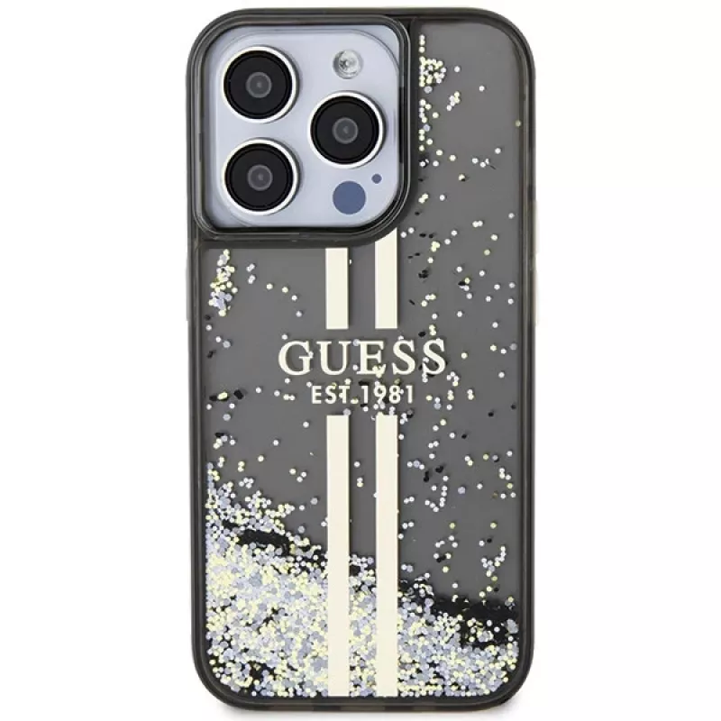 Guess GUHCP15LLFCSEGK Capa rígida Liquid Glitter Gold Stripes para iPhone 15 Pro 6,1