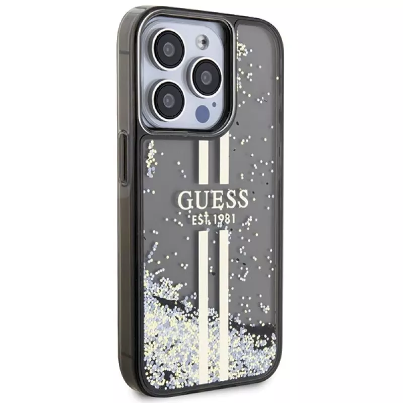 Guess GUHCP15LLFCSEGK Capa rígida Liquid Glitter Gold Stripes para iPhone 15 Pro 6,1