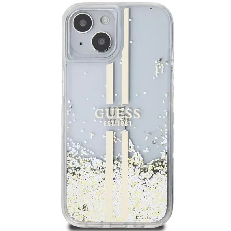 Guess GUHCP15MLFCSEGT Capa rígida transparente Liquid Glitter Gold Stripes para iPhone 15 Plus / 14 Plus 6,7