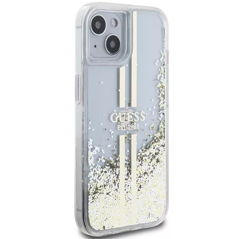 Guess GUHCP15MLFCSEGT Capa rígida transparente Liquid Glitter Gold Stripes para iPhone 15 Plus / 14 Plus 6,7