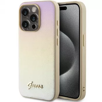 Guess GUHCP15LPSAIRSD Capa rígida Saffiano Iridescent Script para Apple iPhone 15 Pro 6,1