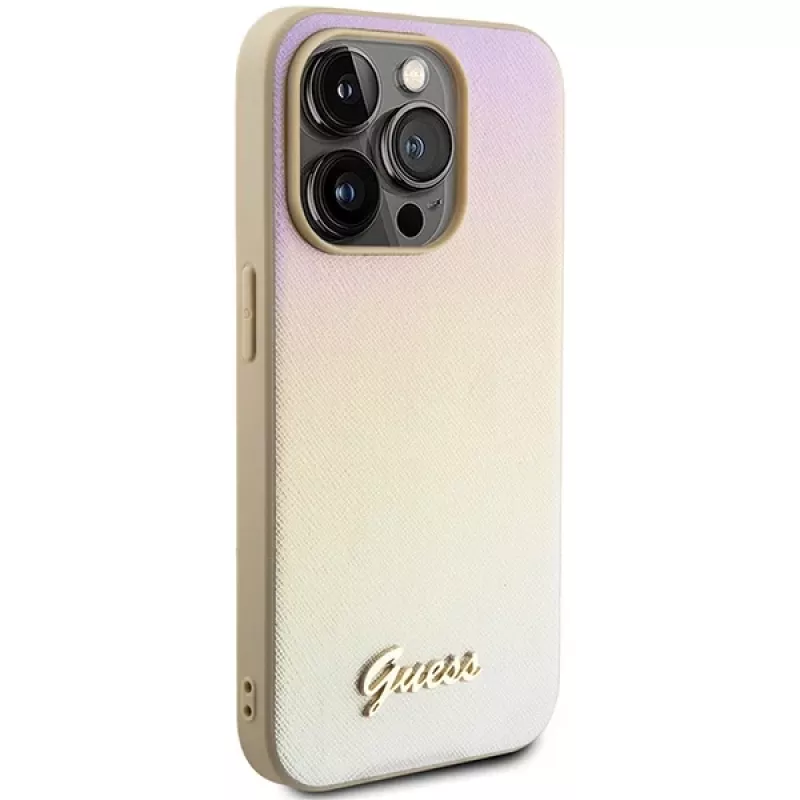 Guess GUHCP15LPSAIRSD Capa rígida Saffiano Iridescent Script para Apple iPhone 15 Pro 6,1