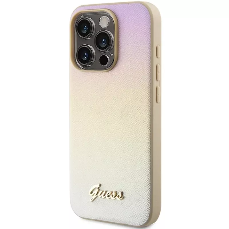 Guess GUHCP15XPSAIRSD Capa rígida Saffiano Iridescent Script para iPhone 15 Pro Max, dourada