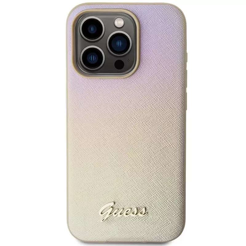 Guess GUHCP15XPSAIRSD Capa rígida Saffiano Iridescent Script para iPhone 15 Pro Max, dourada