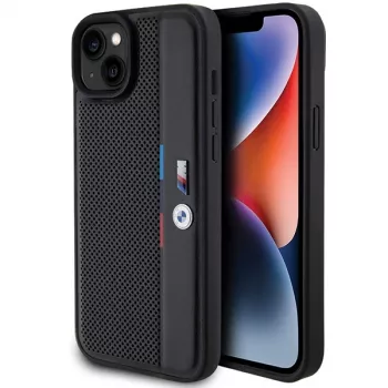 BMW M Collection Capa rígida perfurada Tricolor Line para iPhone 15 Plus / 14 Plus 6,7