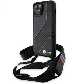 BMW BMHCP15S23PSCCK Capa rígida preta M Edition Carbon Stripe & Strap para iPhone 15 / 14 / 13