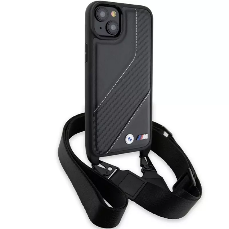 BMW BMHCP15S23PSCCK Capa rígida preta M Edition Carbon Stripe & Strap para iPhone 15 / 14 / 13