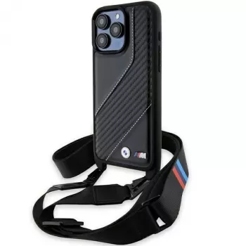 BMW BMHCP15X23PSCCK Capa rígida preta M Edition Carbon Stripe & Strap para iPhone 15 Pro Max 6,7